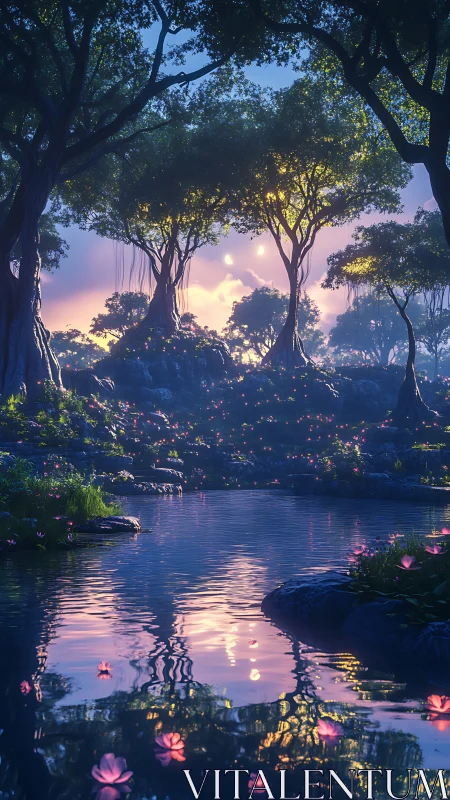 Spectral twilight grove with luminescent water-lily scatterfield.