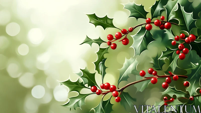 Glossy holly leaves and red berries fill soft bokeh background