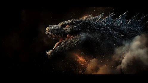 Monstrous reptilian profile amid dark smoke and sparks.