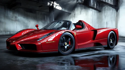 Sleek red supercar gleams boldly in a moody urban garage