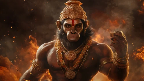 Firelit warrior monkey god crowned in molten dusk armor.