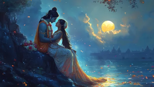 South Asian Figures on Clifftop Overlooking Moonlit River