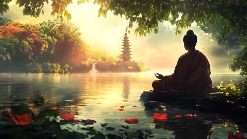 Backlit monk silhouette meditating beside river with pagoda distance
