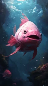Pink reef fish portrait in deep teal underwater lighting.