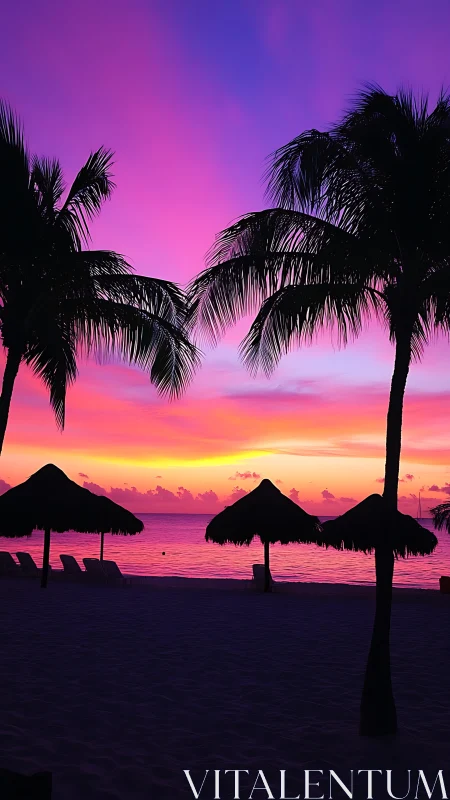 Neon sunset quietly crowns palm silhouettes by the sea