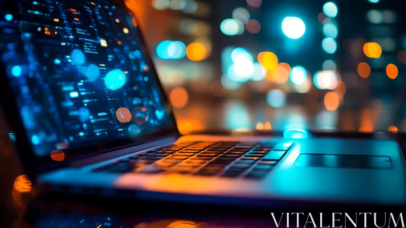 Laptop keyboard in shallow focus against neon city bokeh lighting