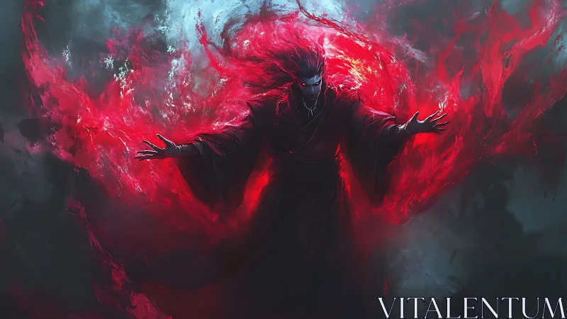 Dark sorcerer unleashes crimson flames in a storm of power