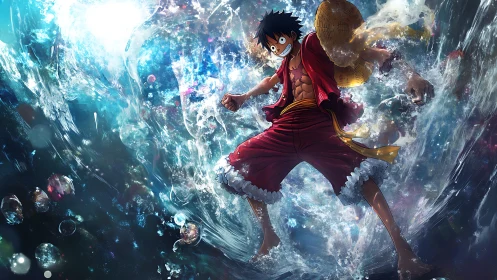Anime boy in red shorts stands in dynamic exploding water scene
