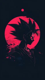 Neon-backlit spiky-haired warrior silhouette against lunar disk.