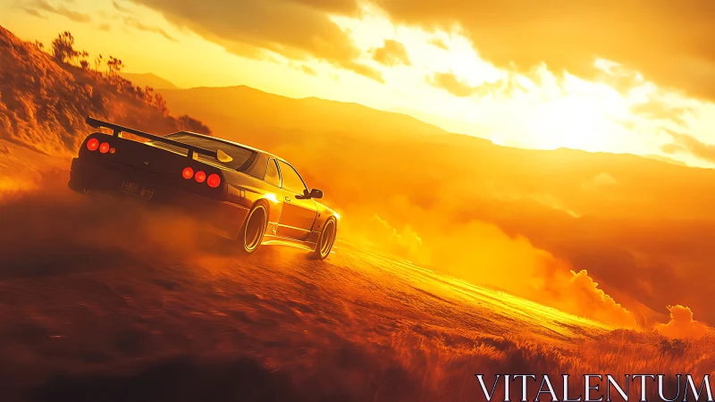 Sunset drift sports car racing across dusty mountain road.