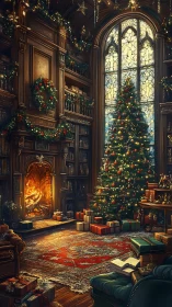Gothic library interior with Christmas tree and roaring fireplace