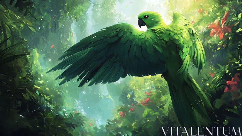 Emerald parrot spreading wings in radiant jungle light.
