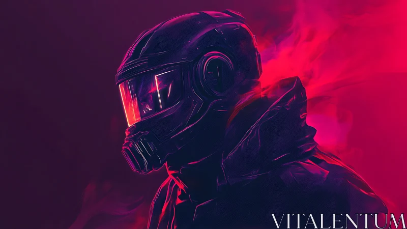 Neon-lit sci fi soldier stands in swirling crimson vapor
