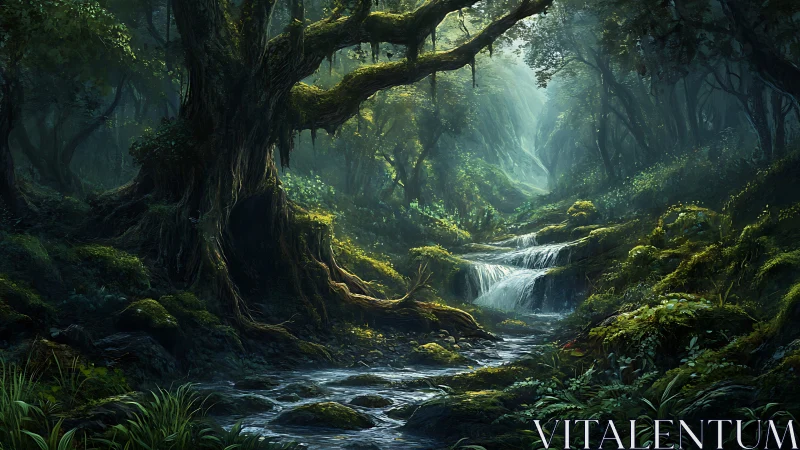 Temperate rainforest canyon with cascading waterfall and moss-covered limestone formations