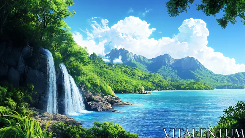 Tropical waterfall cascades into turquoise lagoon with verdant coastal mountains.