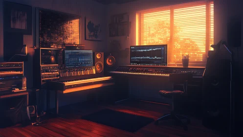 Cozy home music studio glowing in soft sunset light.