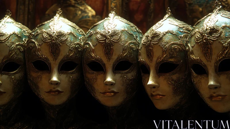 Ornate masquerade guardians whisper secrets in molten gold