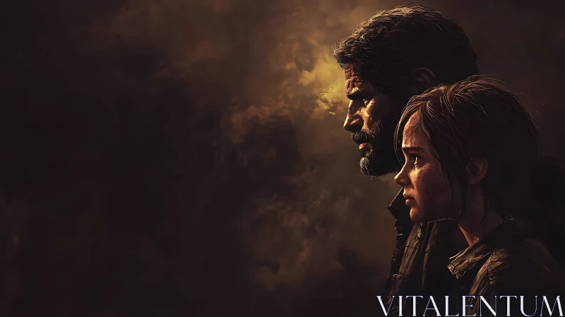 Survivors stand in moody side light against stormy gloom.