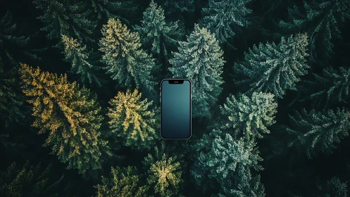 Smartphone floating above dense evergreen forest canopy.