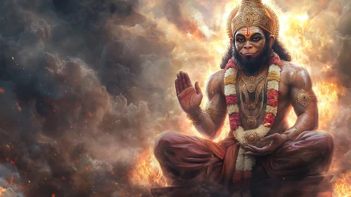 Divine monkey deity sits in blazing clouds of celestial fire.
