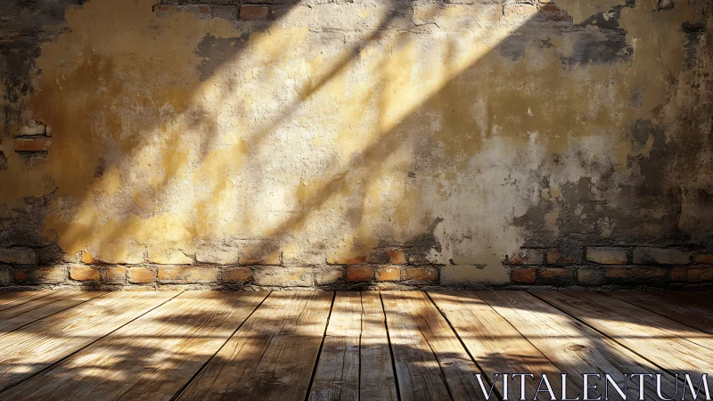 Oblique sunlight grazes distressed plaster wall and timber floor