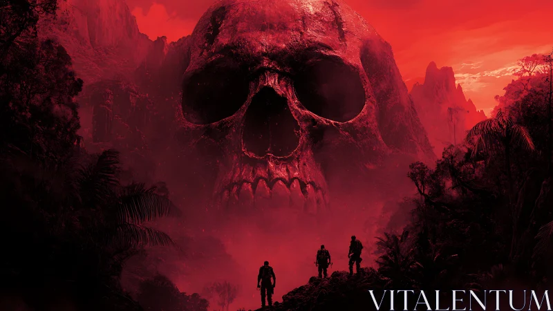 Towering skull mountain dominates red jungle horizon