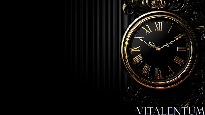 Ornate black and gold clock on dramatic dark backdrop.