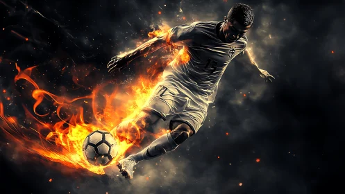 Dynamic football striker engulfed in stylized blazing flames.
