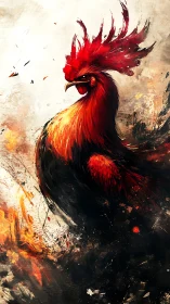 Stylized red rooster rendered amid abstract fiery strokes.