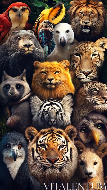 Wildlife portrait grid with hyperreal big cats and birds.