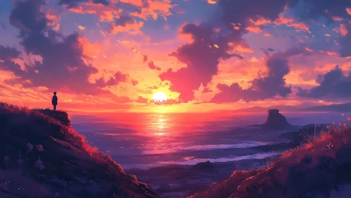 Silhouetted figure watches stylized sunset over vivid ocean