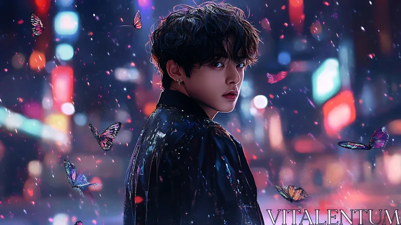 Young man in neon city night with glowing butterflies.