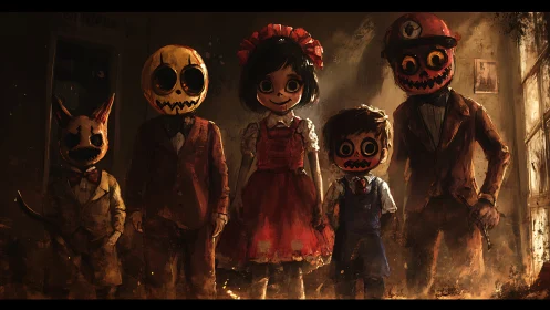 Group of masked figures stands in dim, decayed interior space