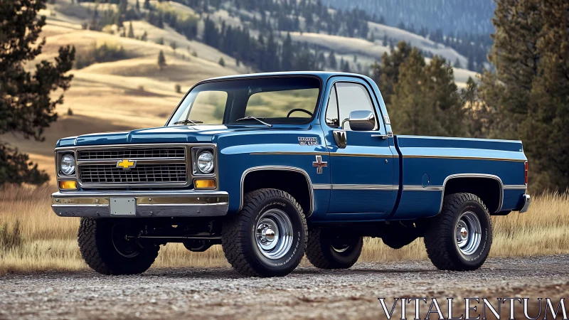 Photorealistic classic Chevy pickup in pastoral landscape setting.