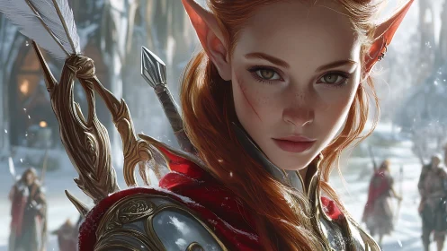 Red haired elf warrior faces viewer in detailed winter scene