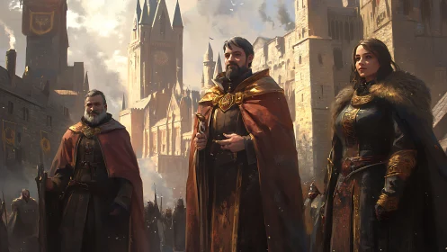 Medieval council in ornate cloaks surveys fortified cathedral city