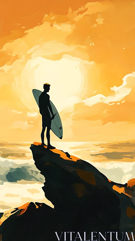 Silhouetted surfer on cliff edge in golden sunset seascape.