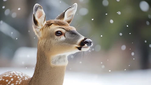 Photorealistic portrait of alert deer in softly blurred snowfall.