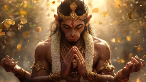 Divine simian yogi in radiant golden meditation aura.