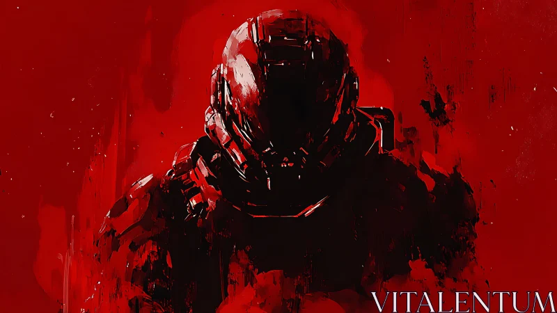 Armored sci fi soldier silhouette dissolves into red field