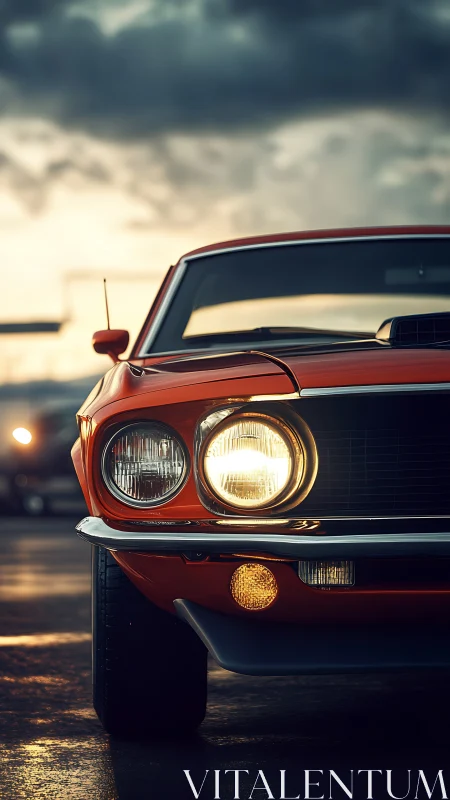 Vintage orange muscle car displays lit headlight at dusk