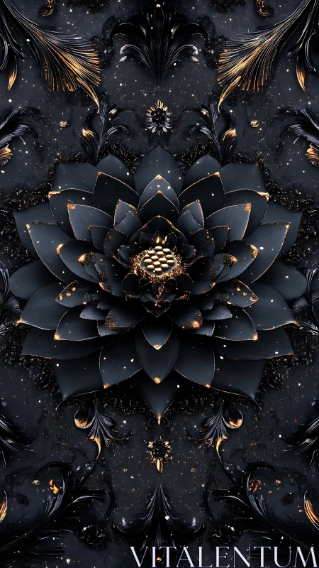Midnight lotus crowned in molten gold and cosmic dust.