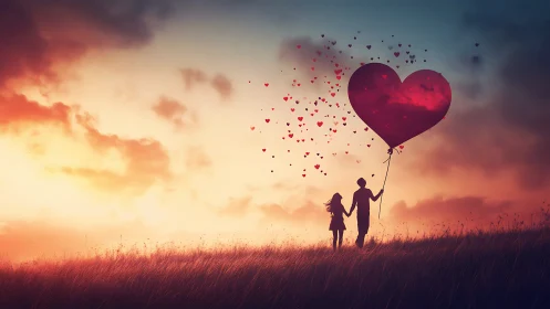 Silhouetted Couple Holding Heart Balloon Against Sunset Sky