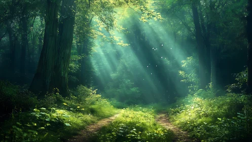 Sunbeams Illuminate Serene Forest Path in Dreamy Nature Scene.