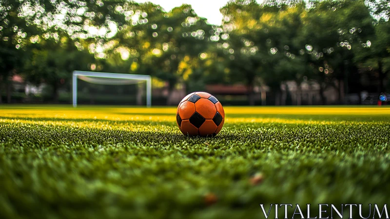Lone orange football resting on vivid turf pitch at dusk.