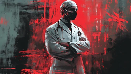 Masked physician in high-contrast red field with expressive brushwork