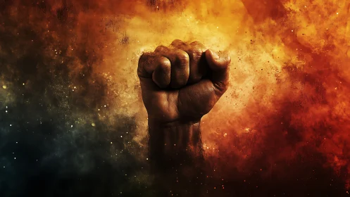 Raised clenched fist amid fiery textured nebula backdrop.
