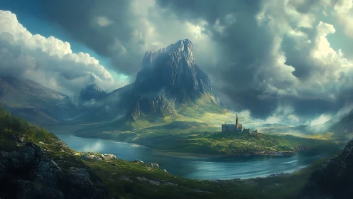 Alpine Castle Valley with Atmospheric Bokeh and Prismatic Water Refraction.