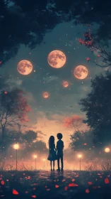 Silhouetted figures in field beneath multiple moons.