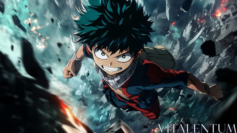 Determined anime hero charging forward in a crumbling battlefield.